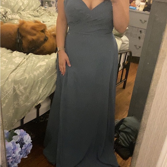 Azazie Dusty/ steele Blue Chiffon V-Neck A-Line Slit Bridesmaids Dress Size 14 - Picture 11 of 11